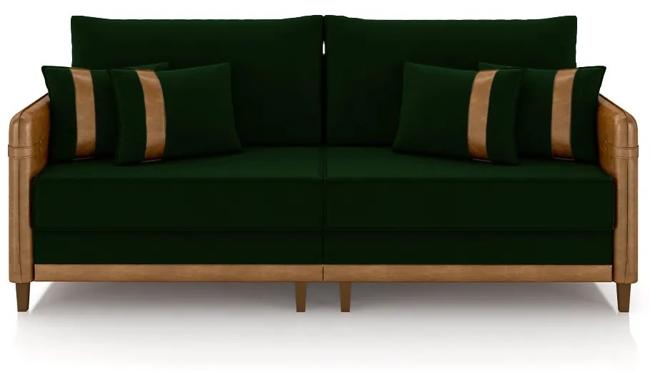 Sofá Living Montecarlo 3 Lugares Bipartido 232cm Pés em Madeira Veludo/PU Verde/Caramelo G33 - Gran Belo