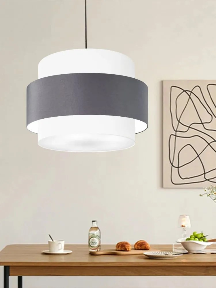 Lustre Pendente Cilíndrico Md-4384 Cúpula em Tecido Branca Cinza Tam 50cm