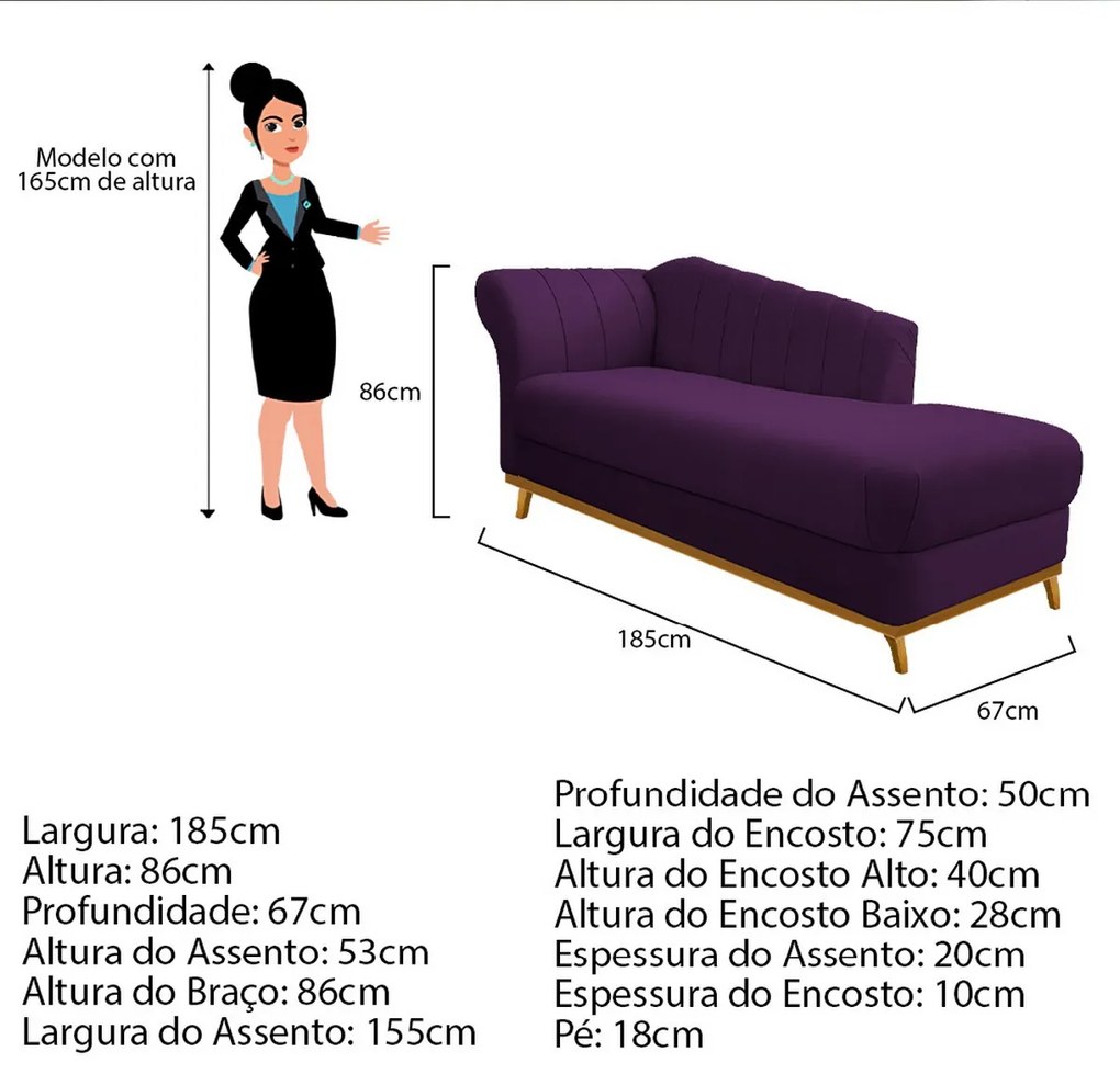 Recamier Vanessa 185cm Lado Esquerdo Suede Roxo - ADJ Decor