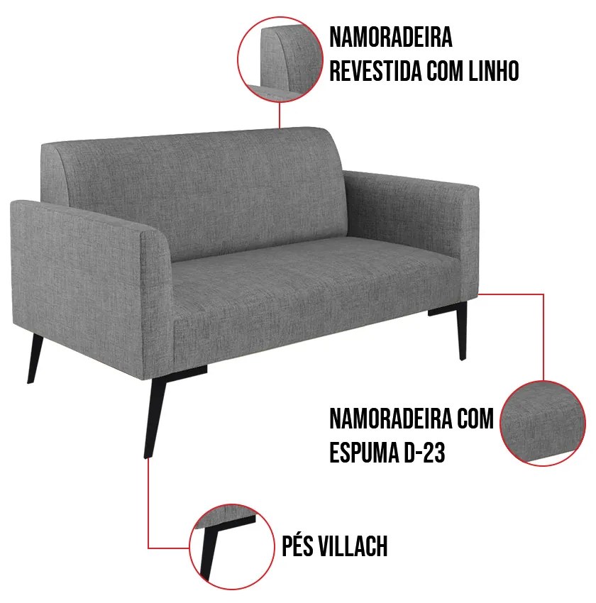 Sofá Namoradeira com 2 Poltronas Pés Villach Marisa Linho D03 - D'Rossi - A26 Grafite