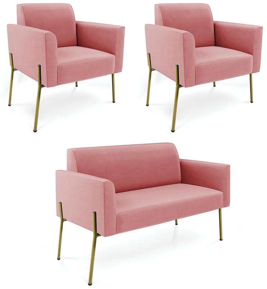 Sofá Namoradeira e 2 Poltronas Pé de Ferro Dourado Marisa Suede D03 - D'Rossi - Rose