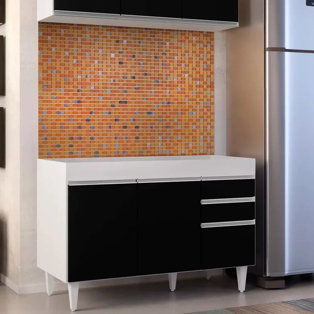 Balcão de Cozinha Lavanderia sem Tampo 02 Gavetas Beth 120 cm - D'Rossi - Branco e Preto