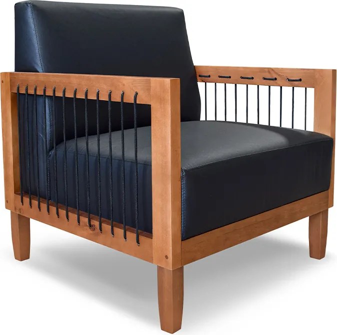 Poltrona Sala de Estar Pés Madeira Maciça Corda Náutica Preta 75cm Manila PU Preto G63 - Gran Belo