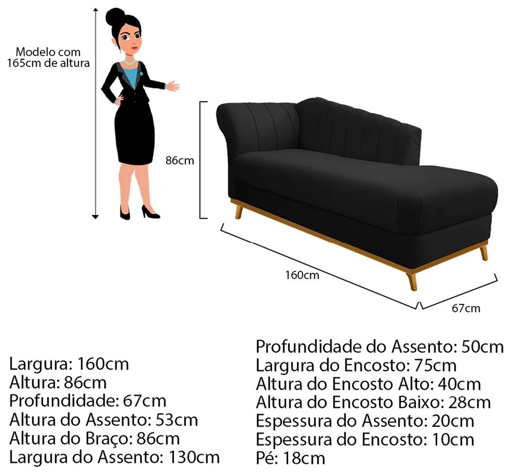 Recamier Vanessa 160cm Lado Esquerdo Suede Preto - ADJ Decor