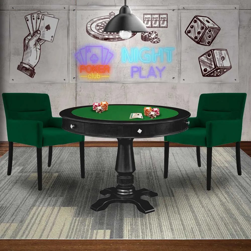 Mesa de Jogos Carteado Victoria Redonda Tampo Reversível Preto com Kit 2 Cadeiras Vicenza Suede Verde G36 G15 - Gran Belo