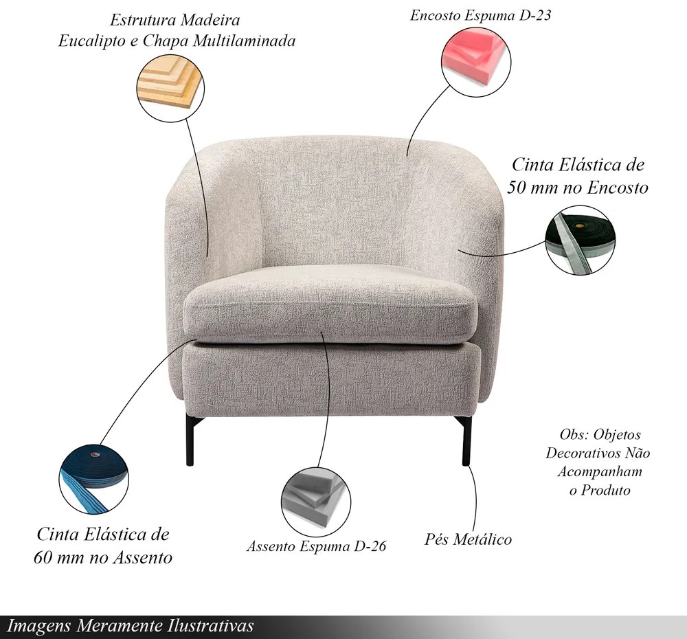 Poltrona Decorativa Salem Pés Metálicos Bouclê Rústico Cinza G92 - Gran Belo