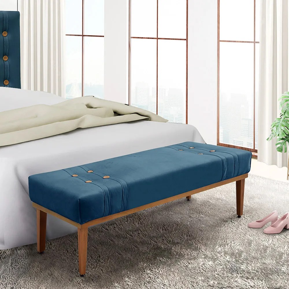 Recamier Decorativo 140cm Kors Veludo Pés de Madeira Azul Marinho G63 - Gran Belo