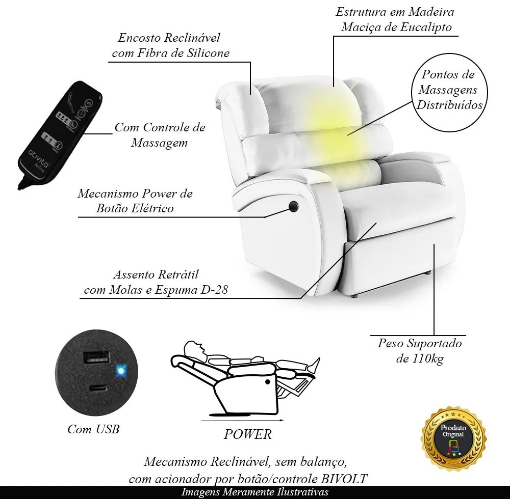 Poltrona do Papai Sala de Cinema Reclinável Kylie Power Elétrica Massagem USB PU Branco G23