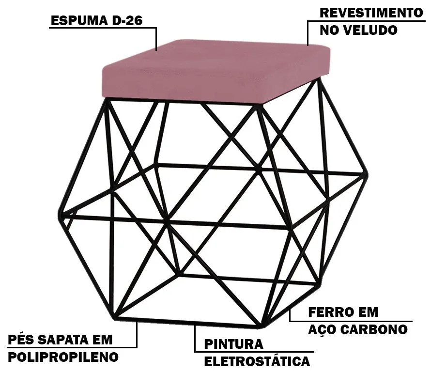 Puff Decorativo Sala de Estar Base Preto Trixie Veludo Rosê G41 - Gran Belo