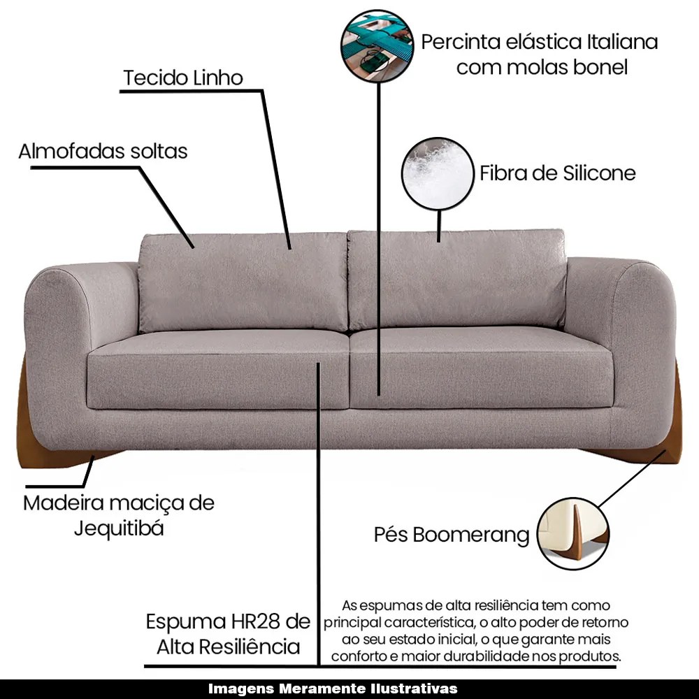 Sofá Decorativo 3 Lugares 230cm Pés em Madeira Buzz Linho Areia Rústica G63 - Gran Belo