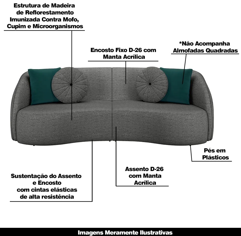 Sofá Decorativo 288cm com Almofadas Redondas Clarke Linho Chumbo G45 - Gran Belo