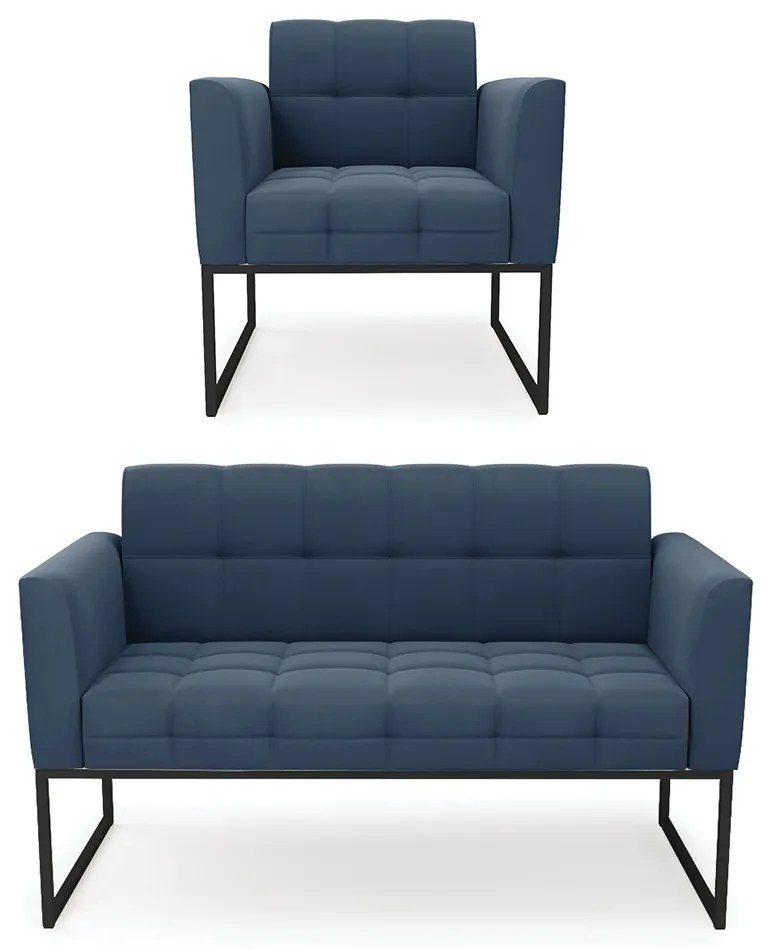 Kit 1 Sofá Namoradeira e 1 Poltrona Elisa Suede Base Metálica Industrial Preto - D'Rossi - Azul Marinho
