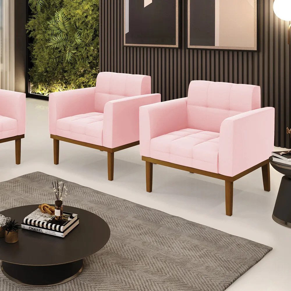 Kit 2 Poltronas Decorativas Karen Pés Fixo em Madeira Castanho Suede Rosa Bebê G19 - Gran Belo