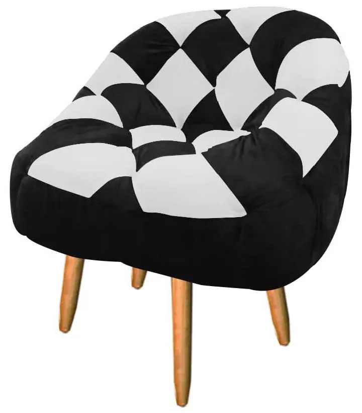 Poltrona Redonda Dama Suede Preto e Branco Pés Palito Castanho C05 - D'Rossi
