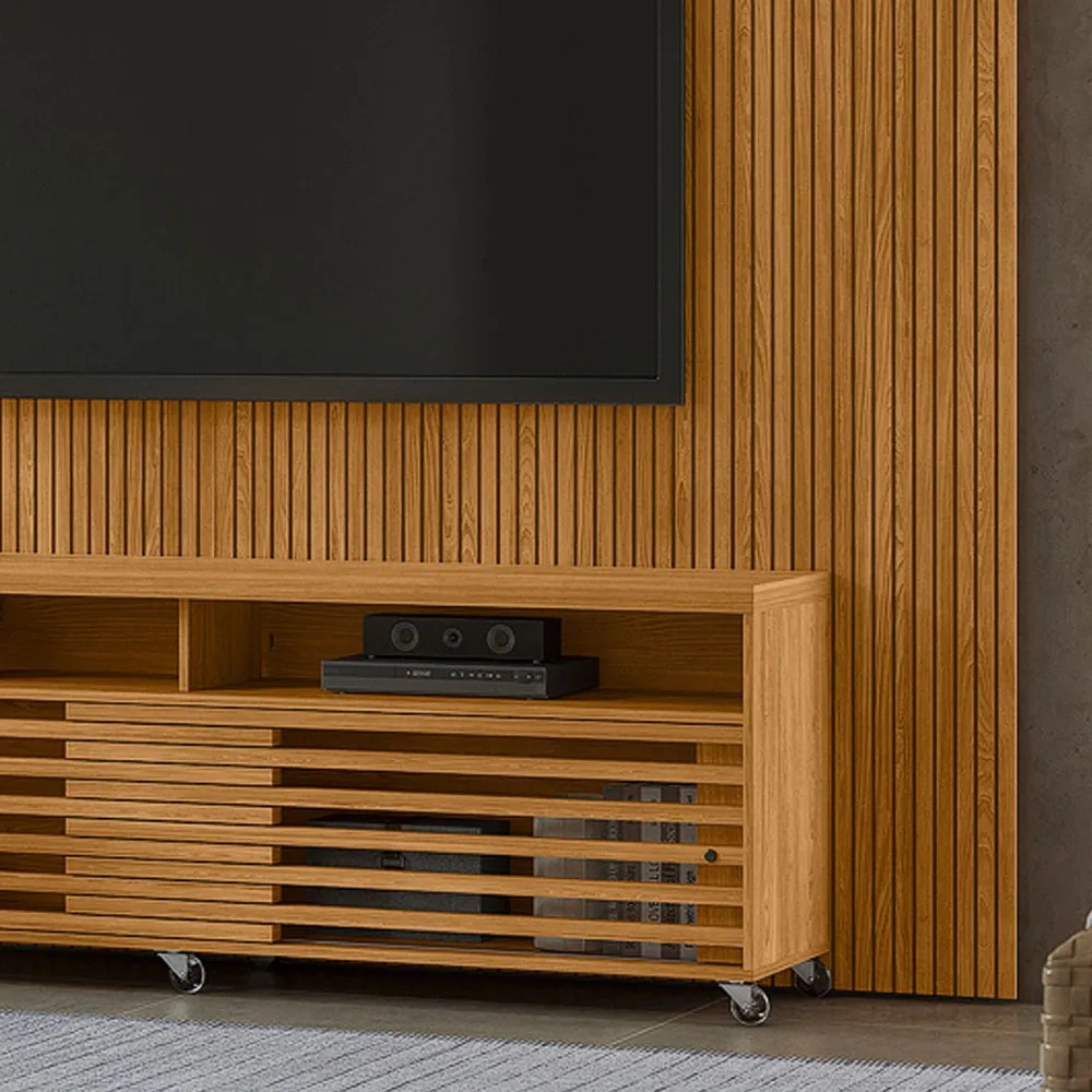 Painel TV 75 Pol 238cm Ripado Kalven com Rack Bancada Nerion M20 - D'Rossi - Cumaru(fosco)