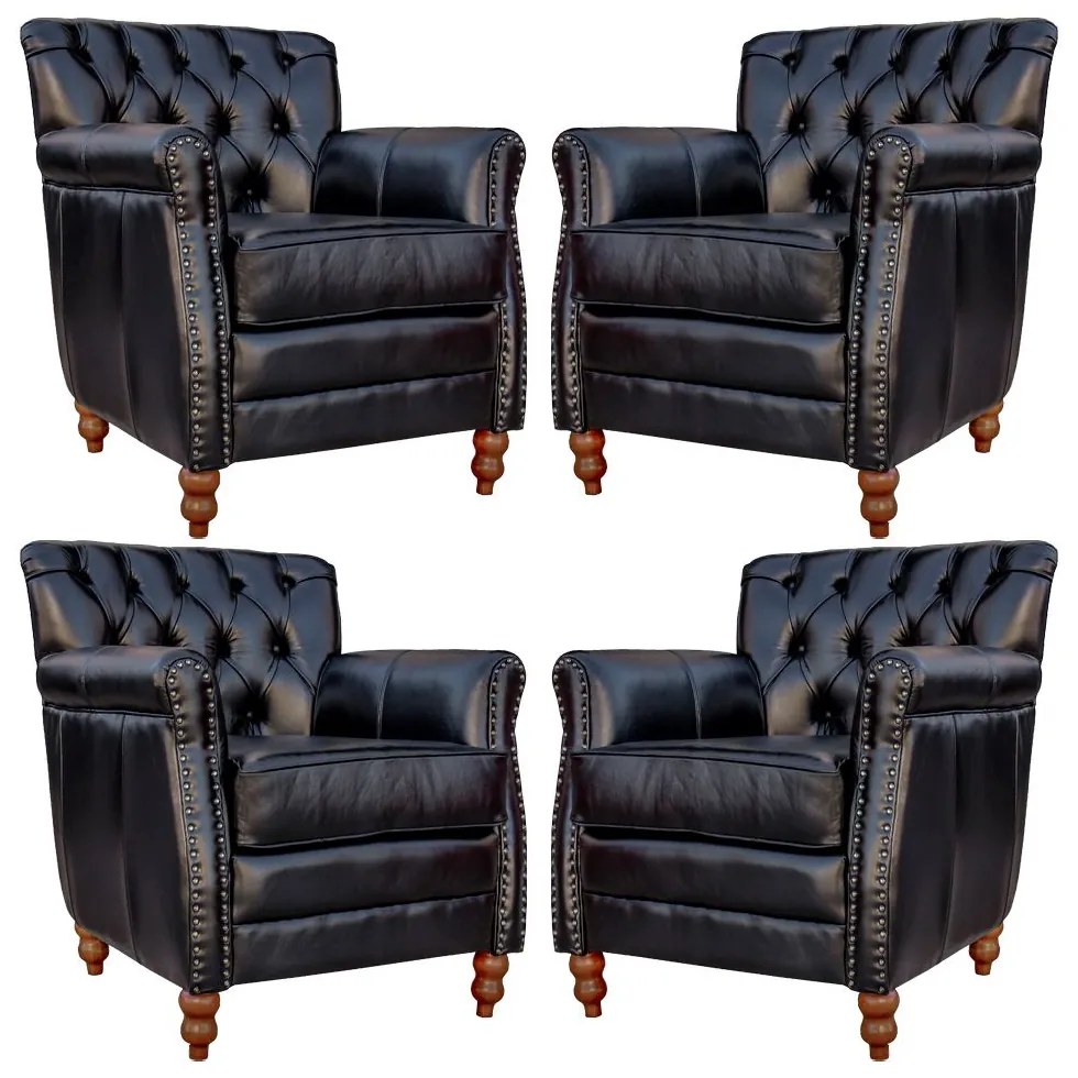Kit 04 Poltronas Decorativas Sala de Estar Níger Pés Madeira Couro Preto G58 - Gran Belo