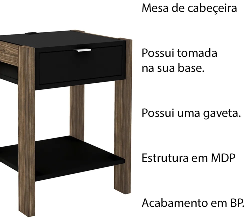 Mesa de Cabeçeira para Quarto Decorativa AZ1016 MDP Preto/Nogal G69 - Gran Belo