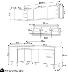 Armário de Cozinha Modulado de Canto Direito 5 Peças CP45 com Pia Inox