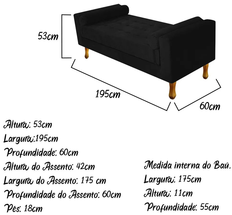 Recamier Félix King Size 195cm Suede Preto - ADJ Decor