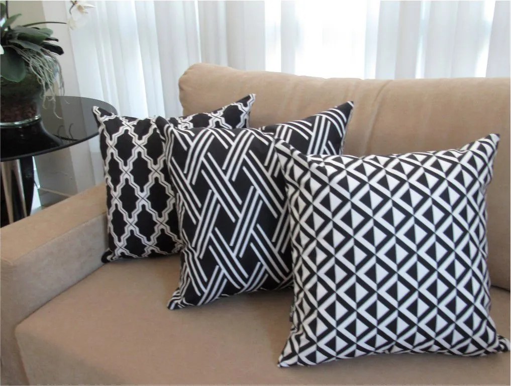 3 Capas para Almofadas Soft Veludo Geométrico Preto 43x43cm
