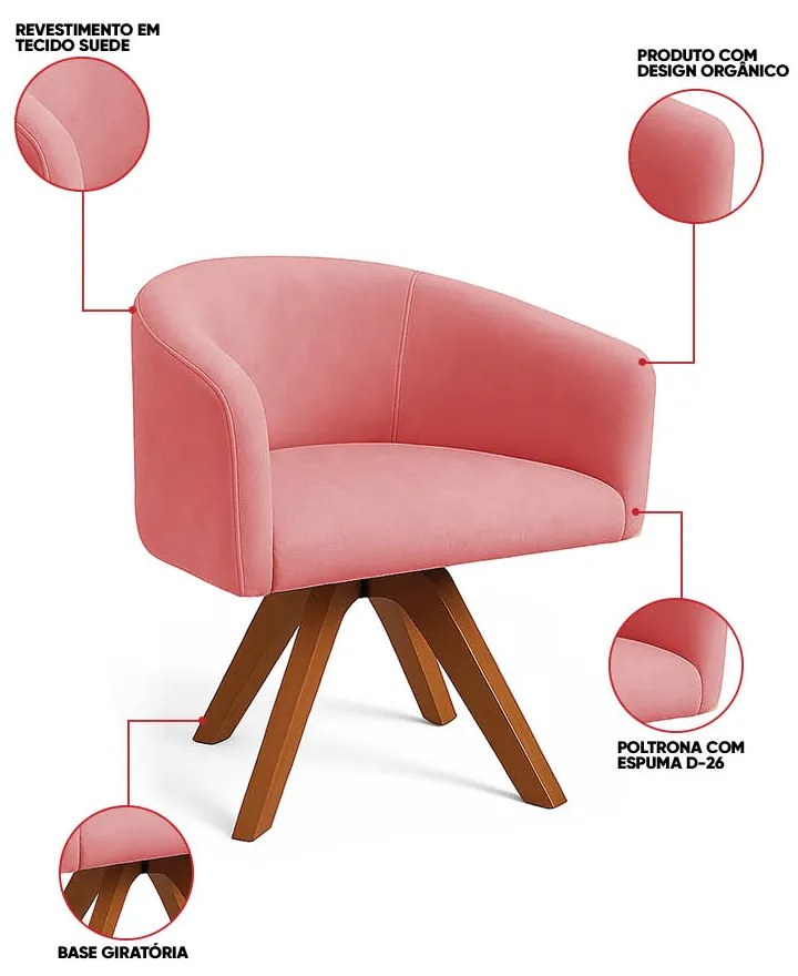 Poltrona Sala Base Giratória Madeira Arielle Suede D03 - D'Rossi - Rose