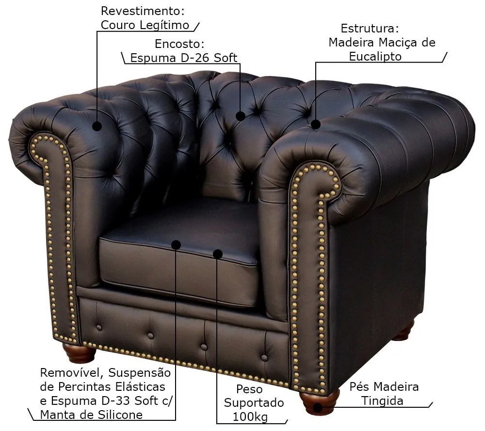 Poltrona Sala de Estar Chesterfield com Pés Madeira Couro Preto G40 - Gran Belo