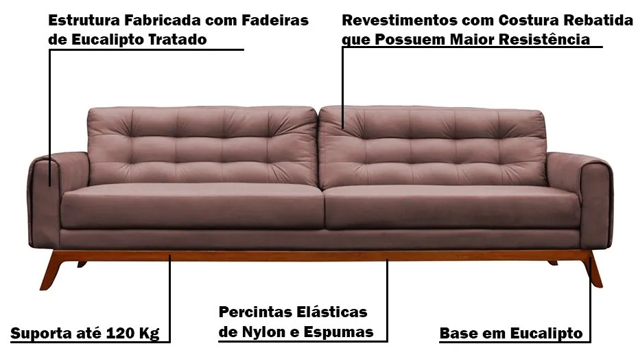 Sofá 3 Lugares Sala de Estar Eros 210 cm Veludo Rosê Base Fixa G15 - Gran Belo