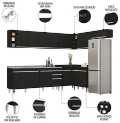 Armário de Cozinha Modulado de Canto 8 Peças CP27 com Pia Inox Preto -