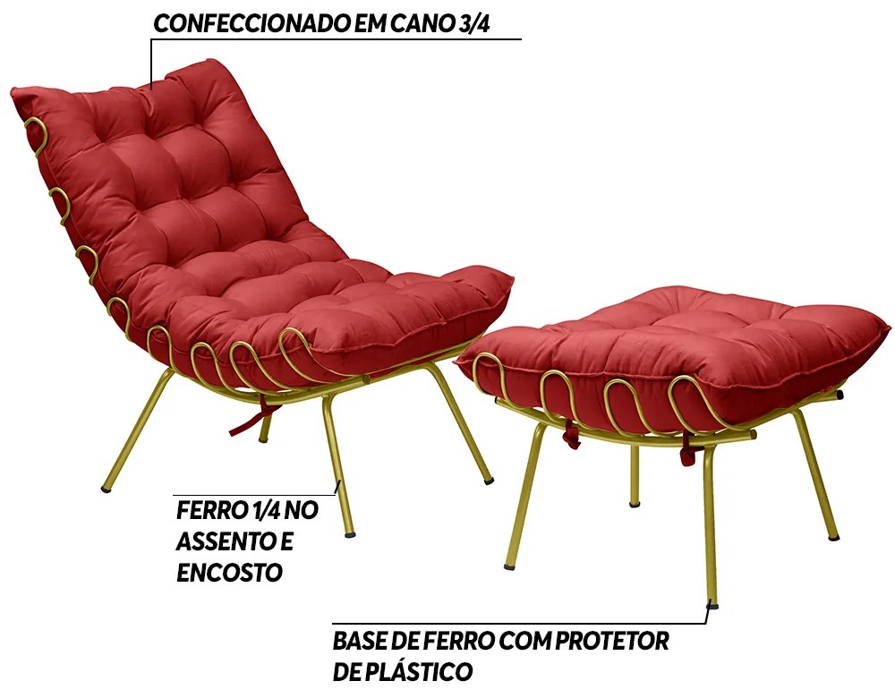 Conjunto Decorativo Poltrona e Puff Abel Base de Ferro Dourada Suede Vermelho G41 - Gran Belo