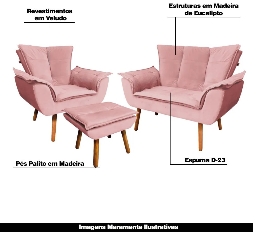 Conjunto Poltrona Puff e Namoradeira Pés Palito Charger Veludo Rosê G19 - Gran Belo