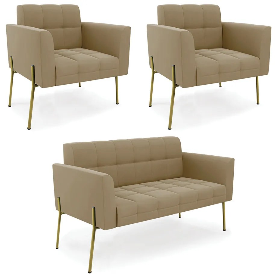 Sofá Namoradeira e 2 Poltronas Pé de Ferro Dourado Elisa Suede D03 - D'Rossi - Marrom Rato