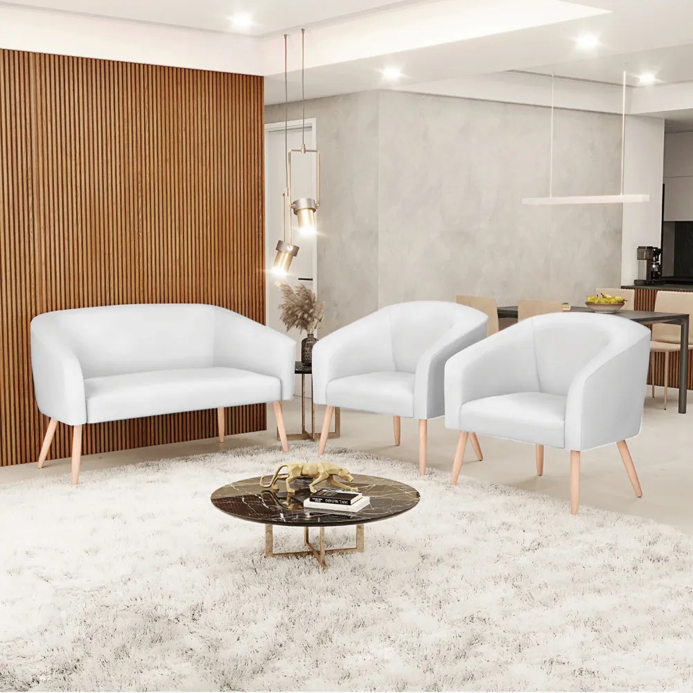 Namoradeira e 2 Poltronas Pé Palito Natural Stella Sintético D03 - D'Rossi - Branco