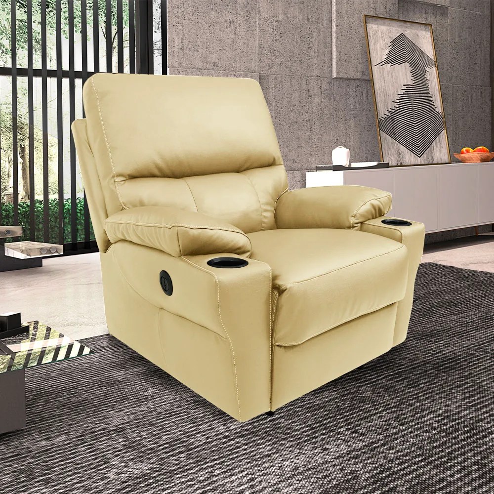 Poltrona do Papai Sala de Cinema Reclinável Mia Power Elétrico Base Fixa Couro Creme G40 - Gran Belo