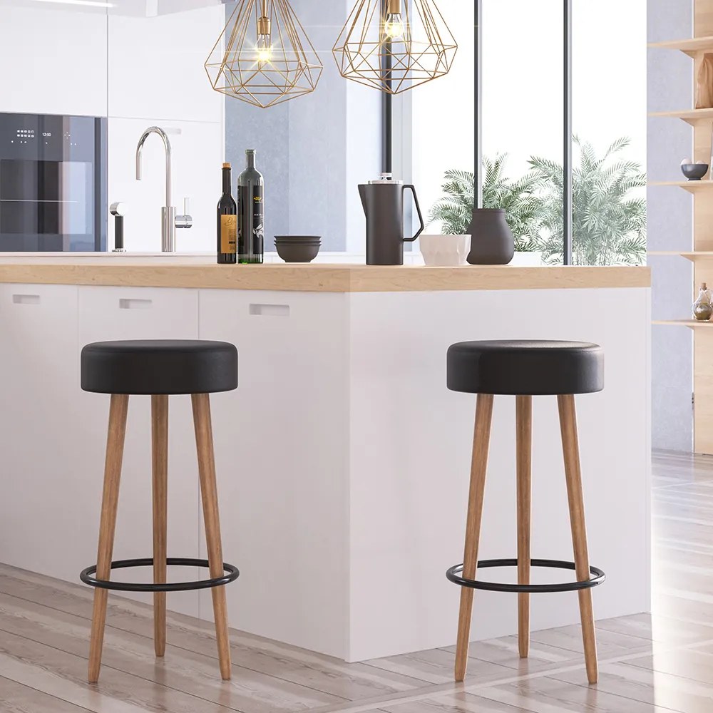 Banqueta Alta para Cozinha Base Madeira Kit 2 Dani Sintético PU Preto - D'Rossi