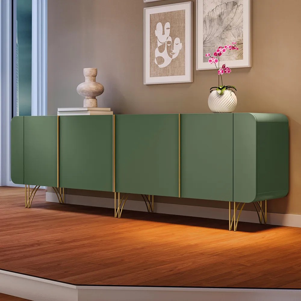 Aparador Buffet Pé em Aço Dourado 220 cm Anabelle Verde Pistache H01 - D'Rossi