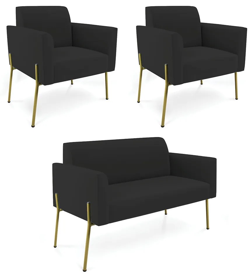 Sofá Namoradeira e 2 Poltronas Pé de Ferro Dourado Marisa Veludo - Preto