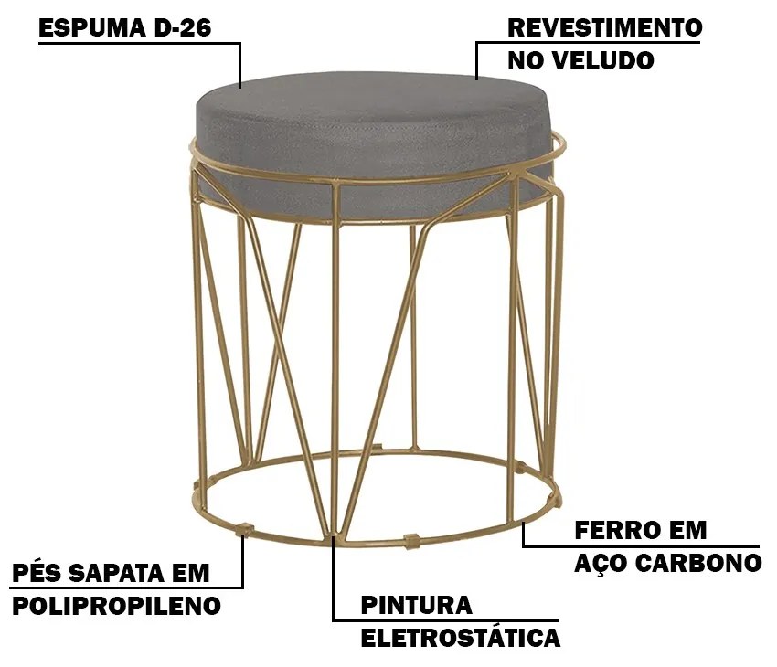 Kit 2 Puffs Decorativo Sala de Estar Base Gold Chloe Veludo Cinza G41 - Gran Belo