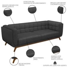 Sofá Living Decorativo 3 Lugares 240cm Bellart Z32 Linho Chumbo - Mpoz