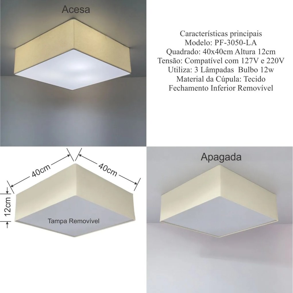 Plafon Quadrado Md-3050 Cúpula em Tecido 40x40X12cm Algodão Crú - Bivolt