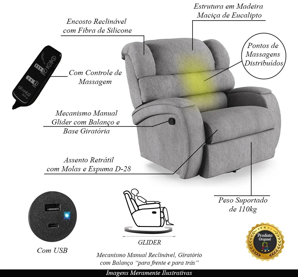 Poltrona do Papai Sala de Cinema Reclinável Kylie Glider Manual Giratória Massagem USB Linho Cinza G23