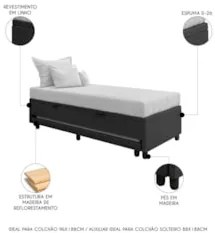 Bicama Box Baú Solteirão 96x203cm Samy S05 Linho Preto - Mpozenato