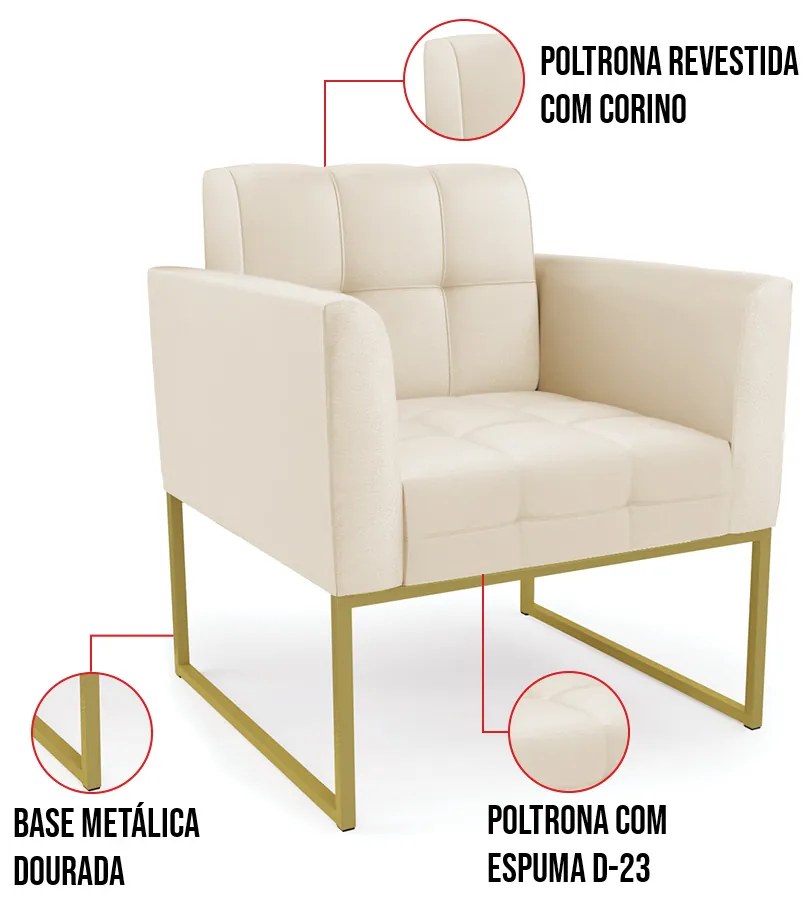 Kit 1 Sofá Namoradeira e 1 Poltrona Elisa Corino Base Metálica Industrial Dourado D03 - D'Rossi - Bege