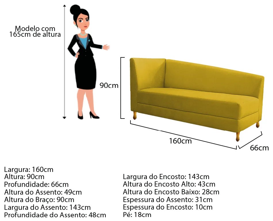 Recamier Valéria 160cm Lado Esquerdo Suede Amarelo - ADJ Decor