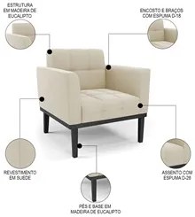 Sofá Namoradeira e 2 Poltronas Base Madeira Preto Ana Suede Bege - Ibi