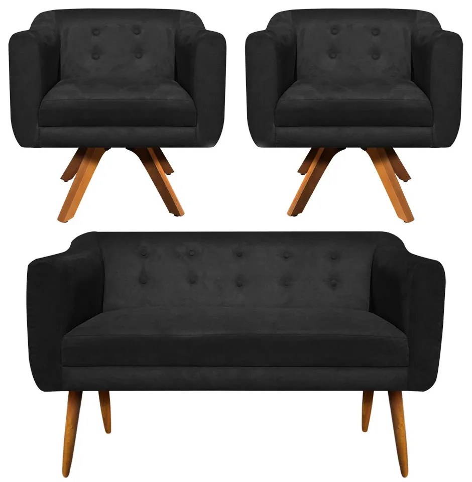 Kit 01 Namoradeira 02 Lugares e 02 Poltronas Giratória Julia Suede Preto Base Madeira MM30 D'Rossi
