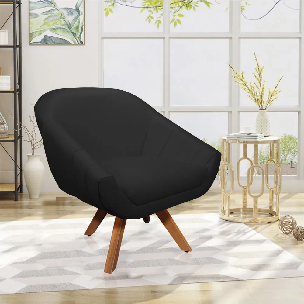 Poltrona Giratória Giovana Corino Base Madeira MM30 D03 - D'Rossi - Preto