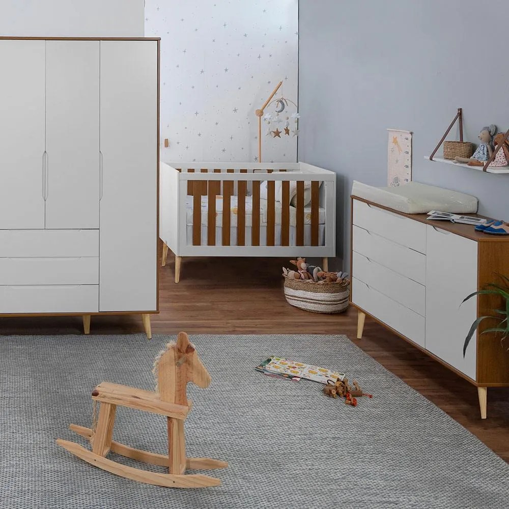 Kit Quarto Infantil com Pés Retrô Natural - Cômoda Elfe 4 Gavetas e 1 Porta + Guarda-Roupa Elfe + Berço Mini Cama Noah - Branco Fosco e Savana