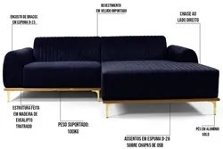 Sofá 350cm 6 Lugares com Chaise Direito Pés Gold Molino C-287 Veludo M