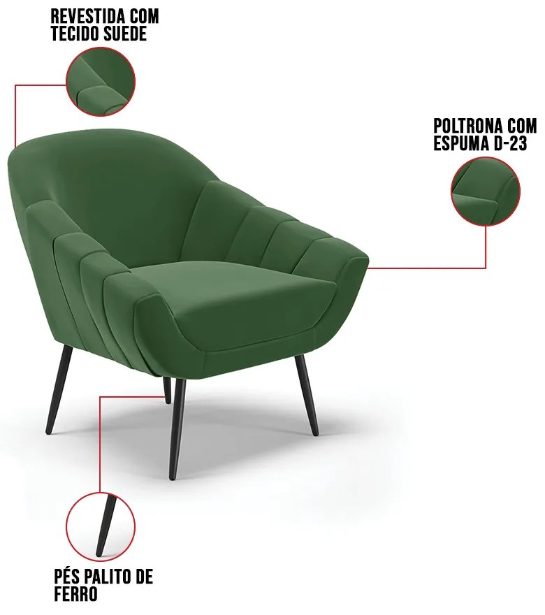 Kit 01 Namoradeira 02 Lugares e 01 Poltrona Giovana Suede Pés Palito de Ferro D01 - D'Rossi - Verde
