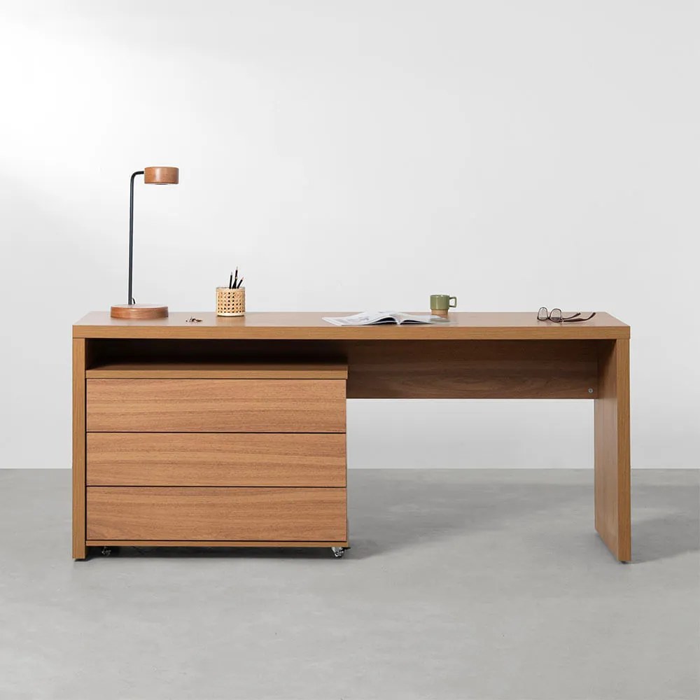 Conjunto Office - Bancada Contemporânea Louro Freijó 1,80m + Gaveteiro Contemporâneo 3 Gavetas Louro Freijó 85cm - Conjunto Office - Bancada Contemporânea Louro Freijó 1,80m + Módulo Contemporâneo 3 Gavetas Louro Freijó 85cm
